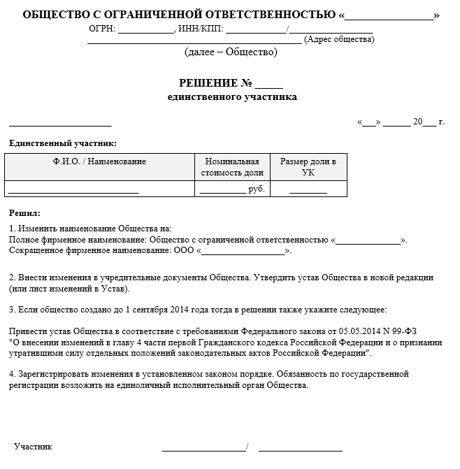 Решение единственного участника о смене наименования ООО